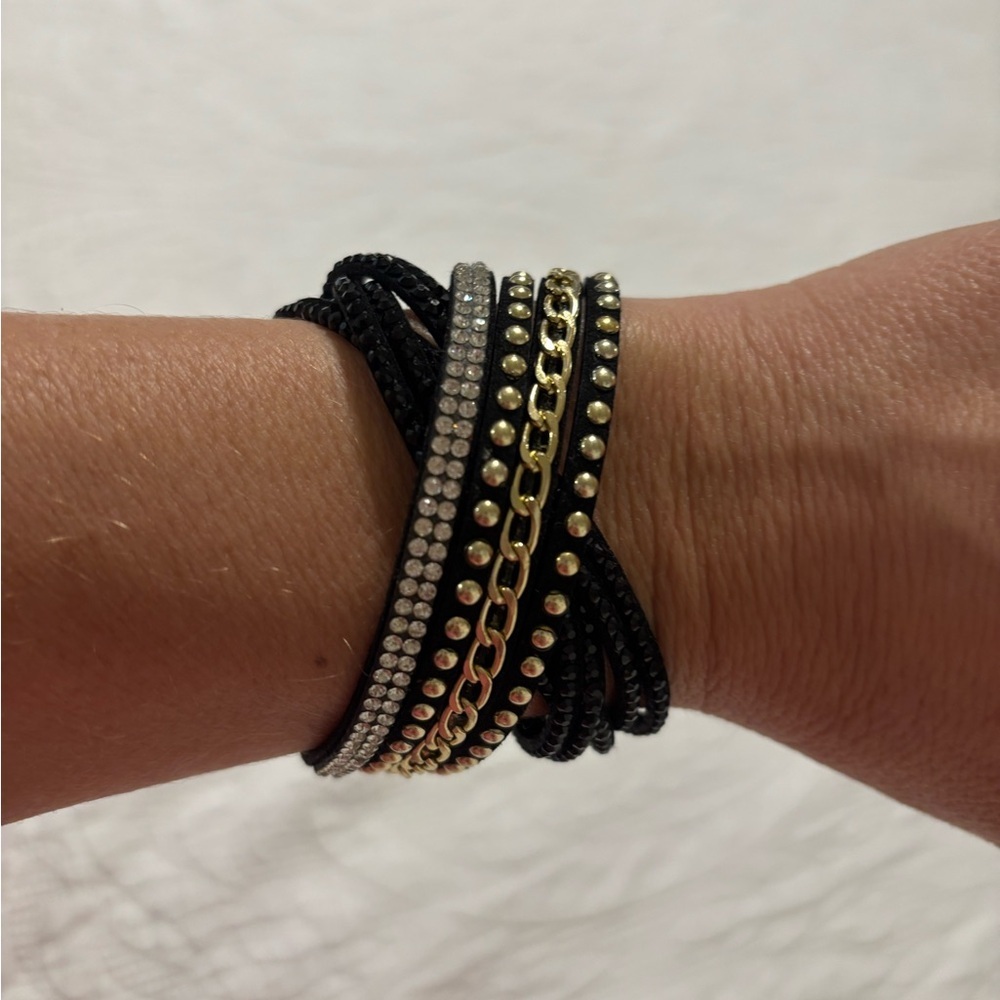 Multi-Row Black & Gold Wrap Bracelet with Rhinestones